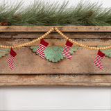 9' WOODEN BEAD W/ KNIT RED & WHITE STOCKING GARLAND