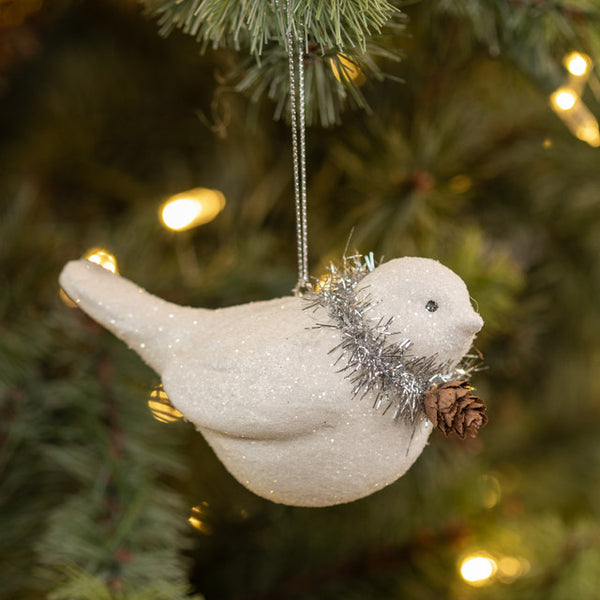 WHITE BIRD W/ PINECONE ORNAMENT