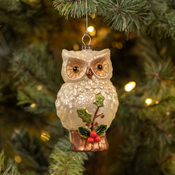 MERCURY GLASS OWL W/ HOLLY ORNAMENT