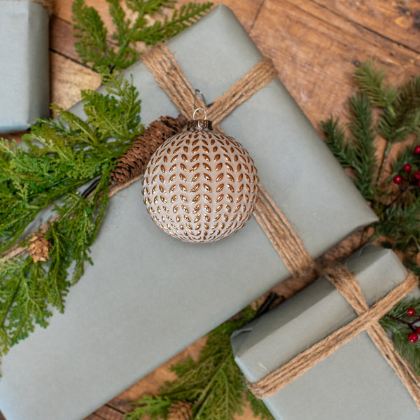 4" TAUPE & GOLD BRAIDED BALL ORNAMENT