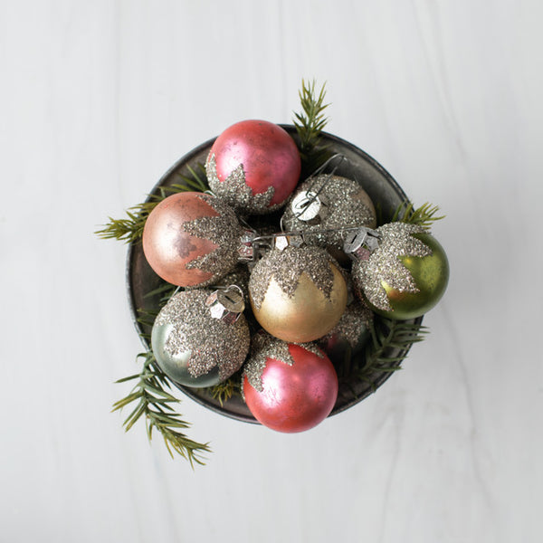 SET/ 9 GLITTER TOPPED PASTEL ORNAMENT