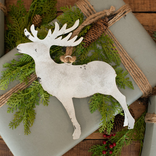 10" WHITEWASHED REINDEER ORNAMENT